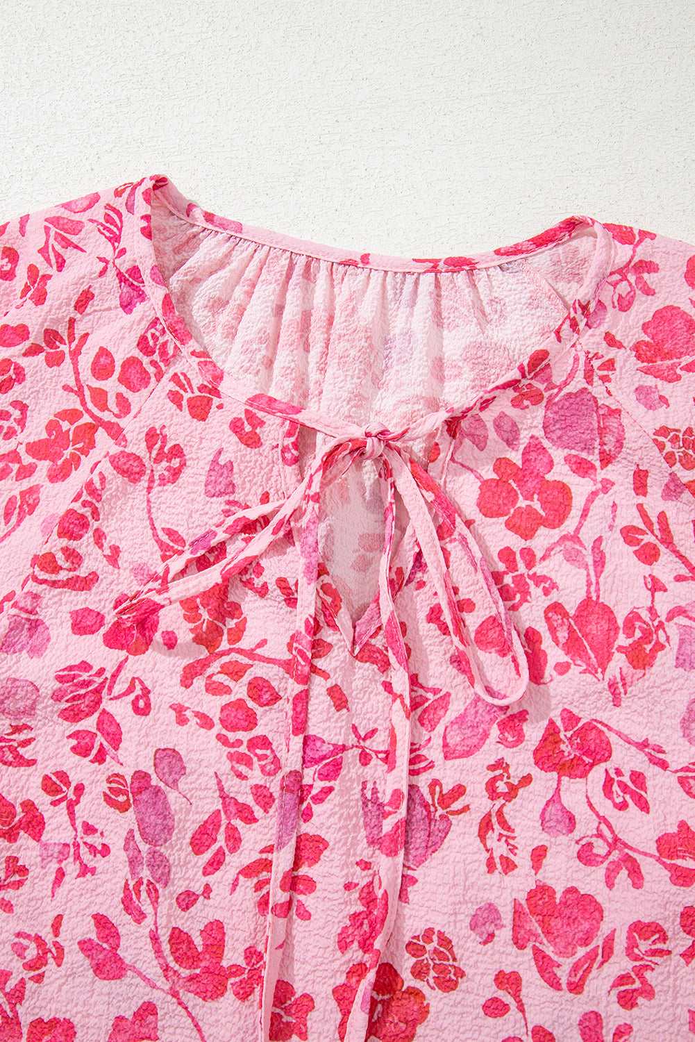 Pink Floral Puff Sleeve Split Neck Lightweight Blouse