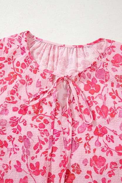 Pink Floral Puff Sleeve Split Neck Lightweight Blouse