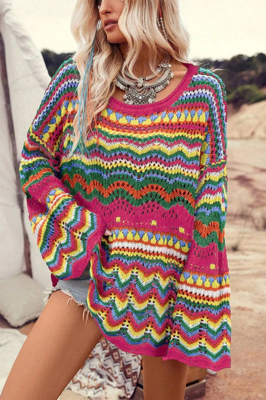 Rose Red Colorblock Striped Hollowed Knit Loose Sleeve Sweater - Chic Meadow Boutique 