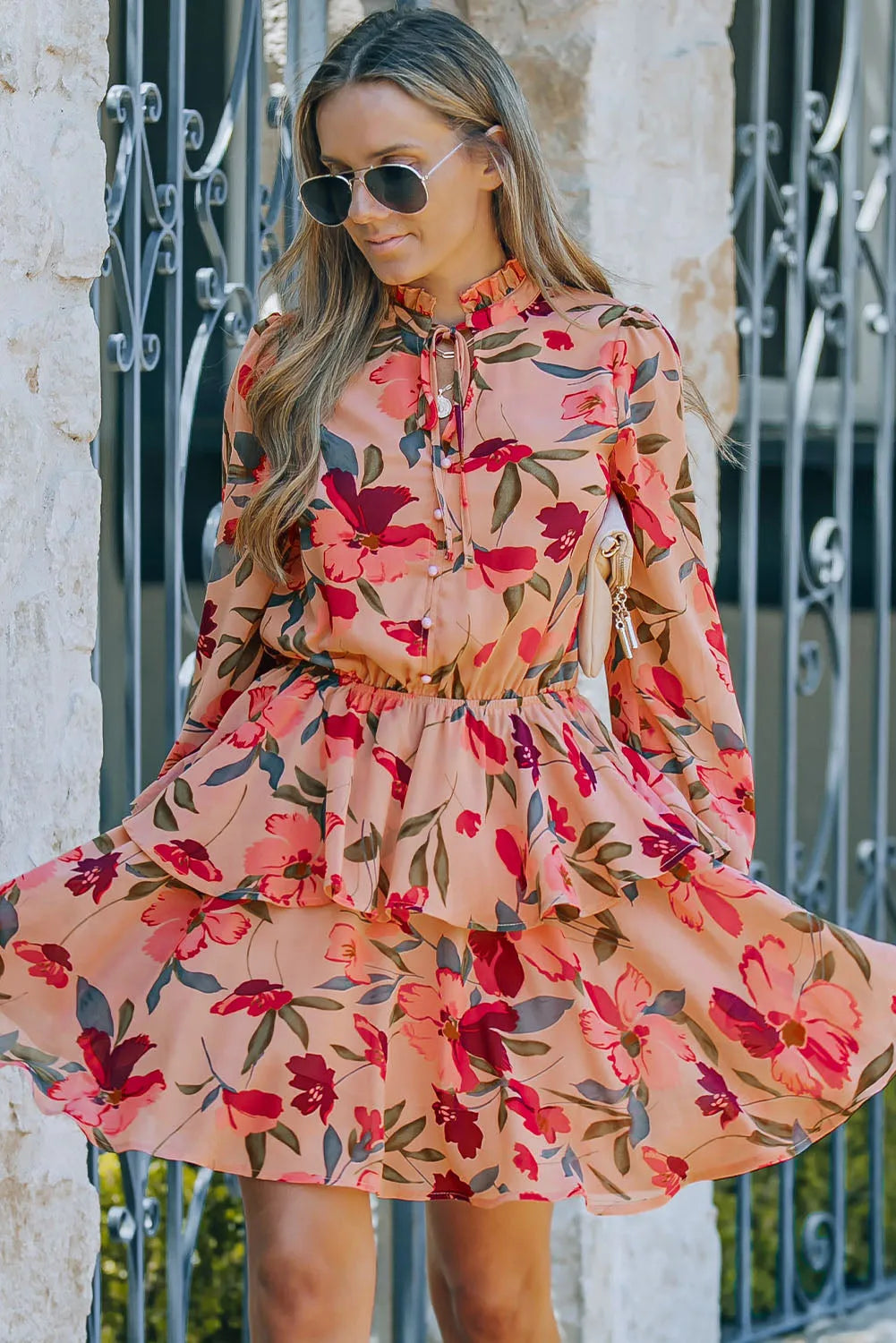 Fiery Red Frilled Collar Long Sleeve Floral Dress with Ruffle - Chic Meadow Boutique 