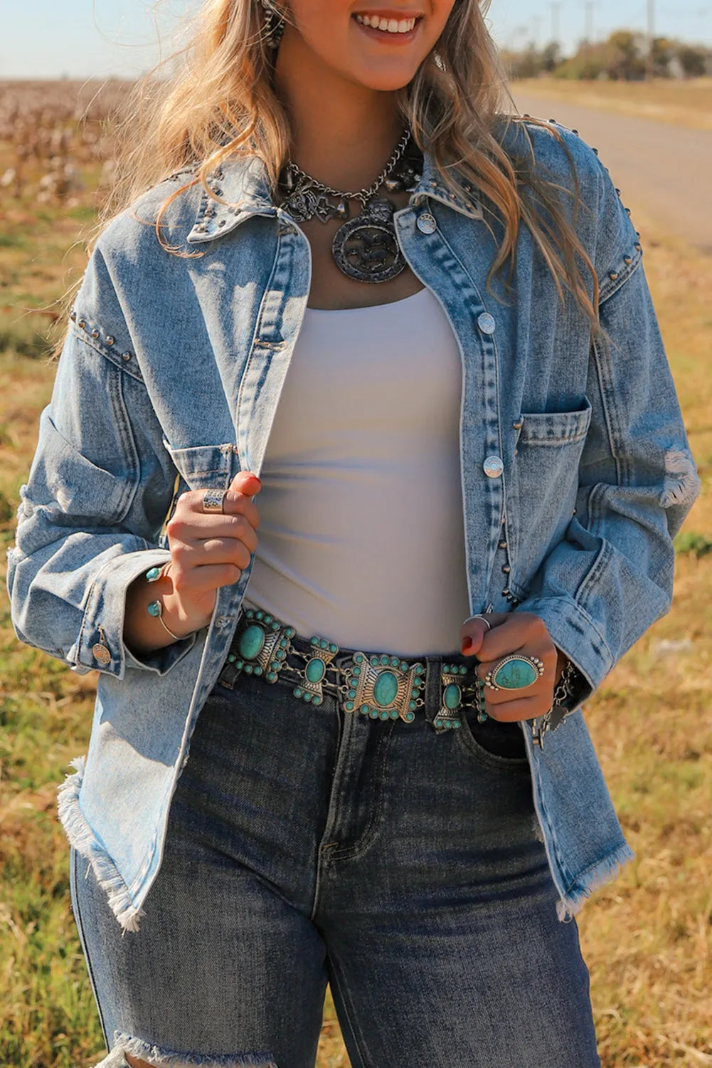 Sky Blue Studded Acid Wash Denim Jacket - Chic Meadow Boutique 