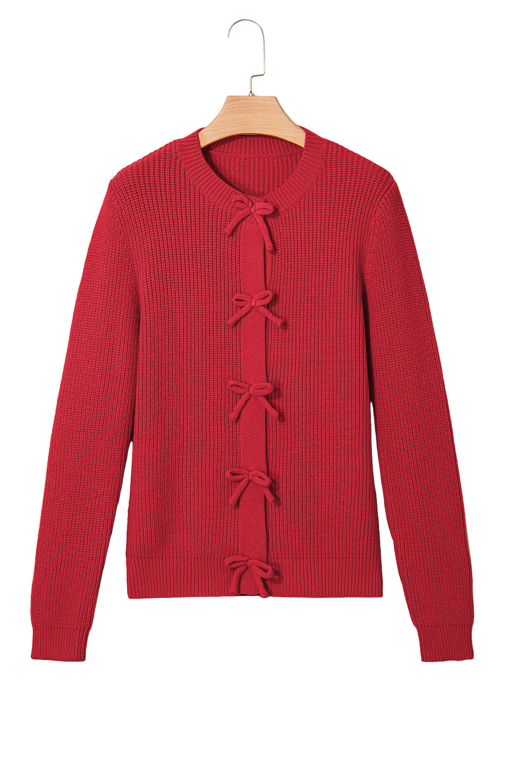 Fiery Red Ribbed Knit Bow Front Buttoned Cardigan