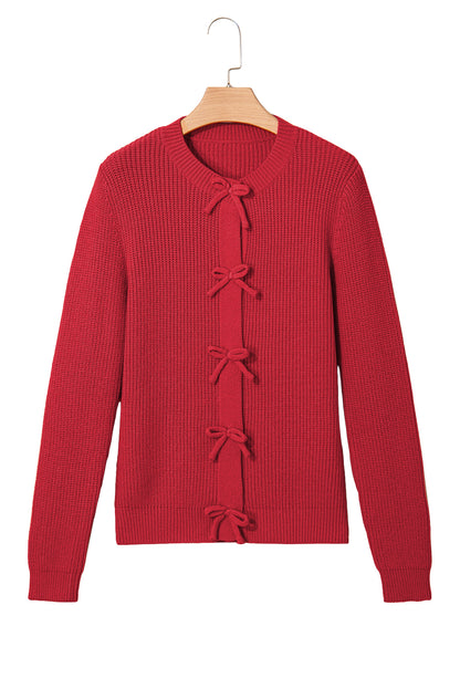 Fiery Red Ribbed Knit Bow Front Buttoned Cardigan