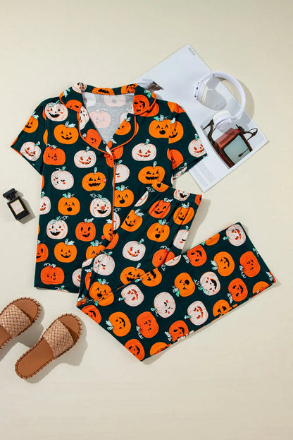 Orange Halloween Pattern Short Sleeve Shirt Pajama Set - Chic Meadow Boutique 