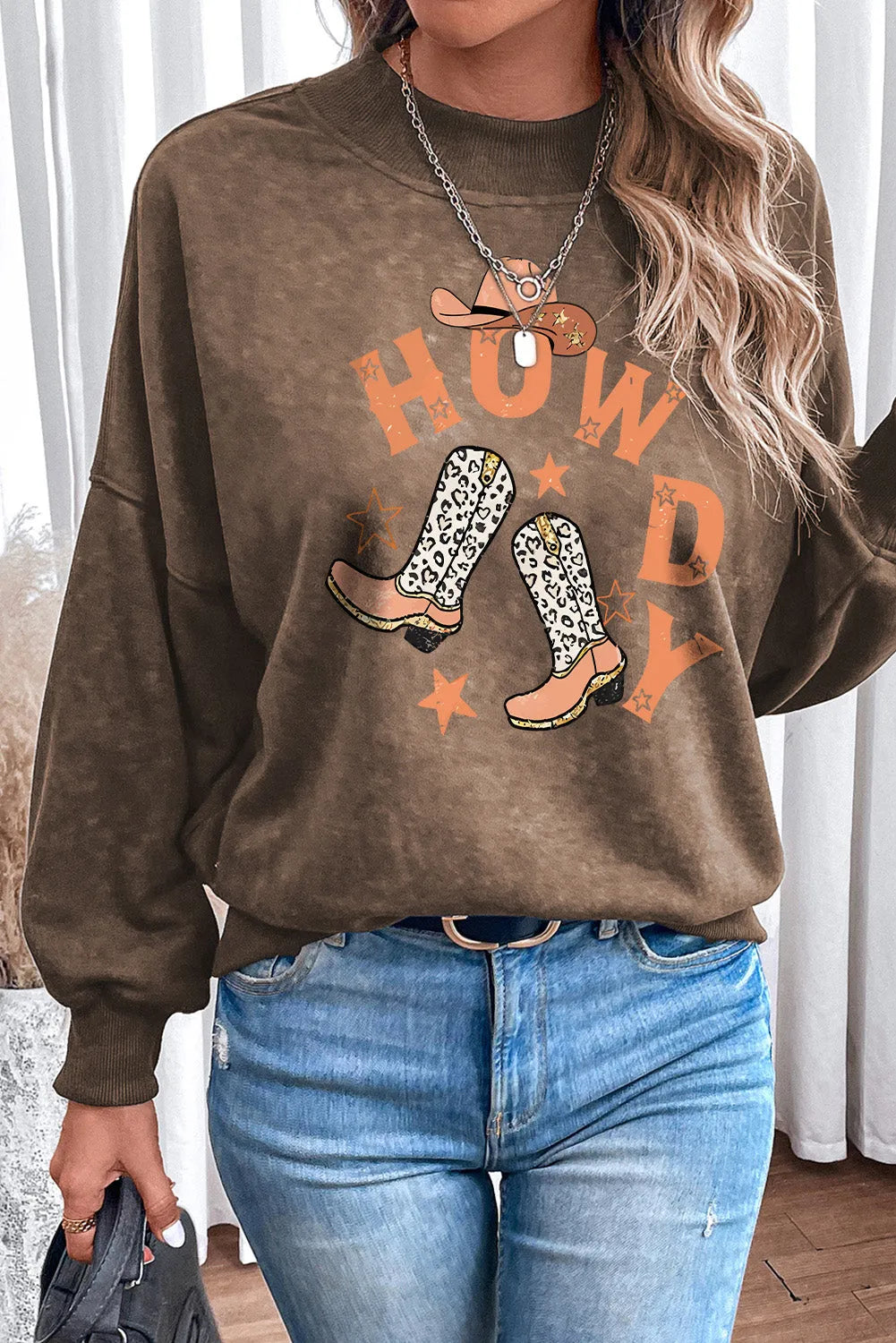 Brown HOWDY Western Fashion Graphic Sweatshirt - Chic Meadow Boutique 