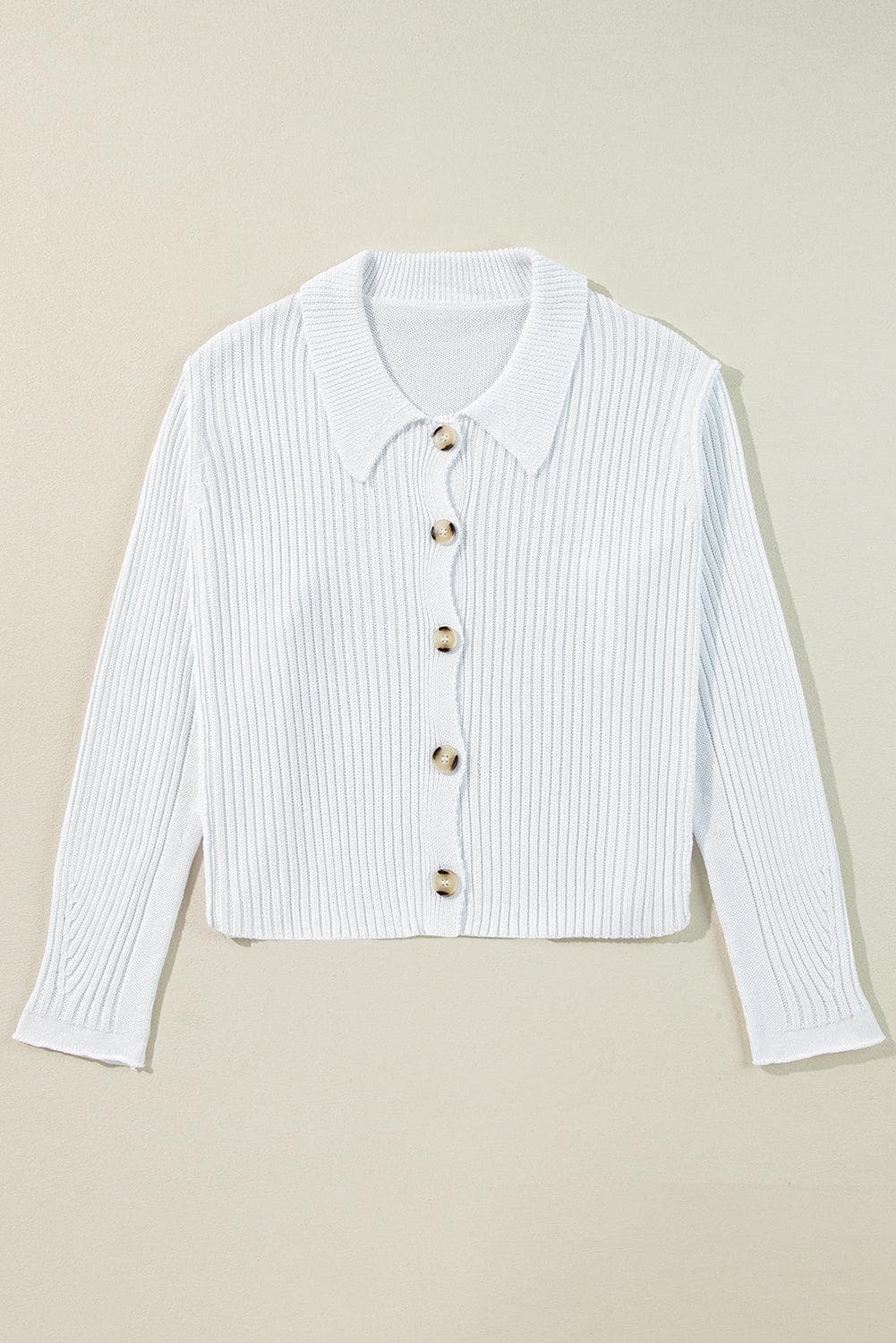 Sweaters & Cardigans/Cardigans White Collared Button-up Loose Fit Casual Sweater