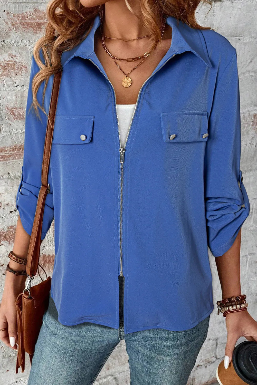 Dusk Blue Collar Tab Sleeve Zip Up Flap Detail Jacket - Chic Meadow Boutique 