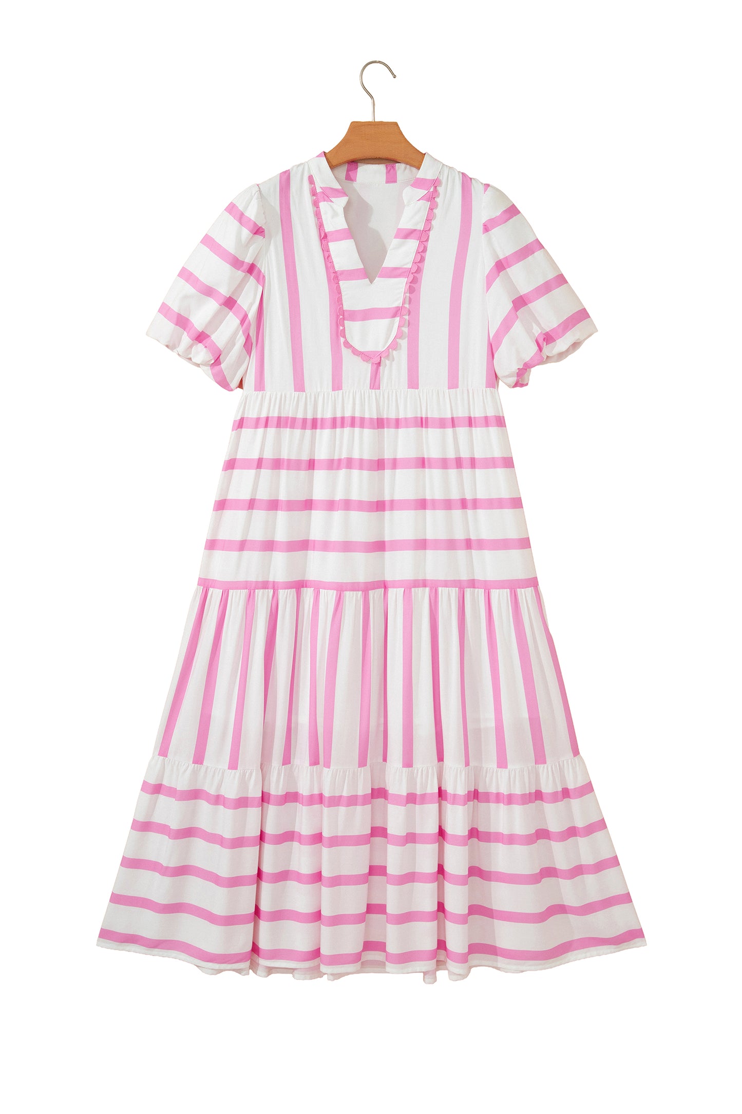 Pink Stripe Ricrac Trim Notched Neck Half Sleeve Vacation Dress