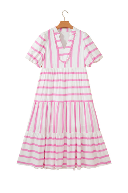 Pink Stripe Ricrac Trim Notched Neck Half Sleeve Vacation Dress