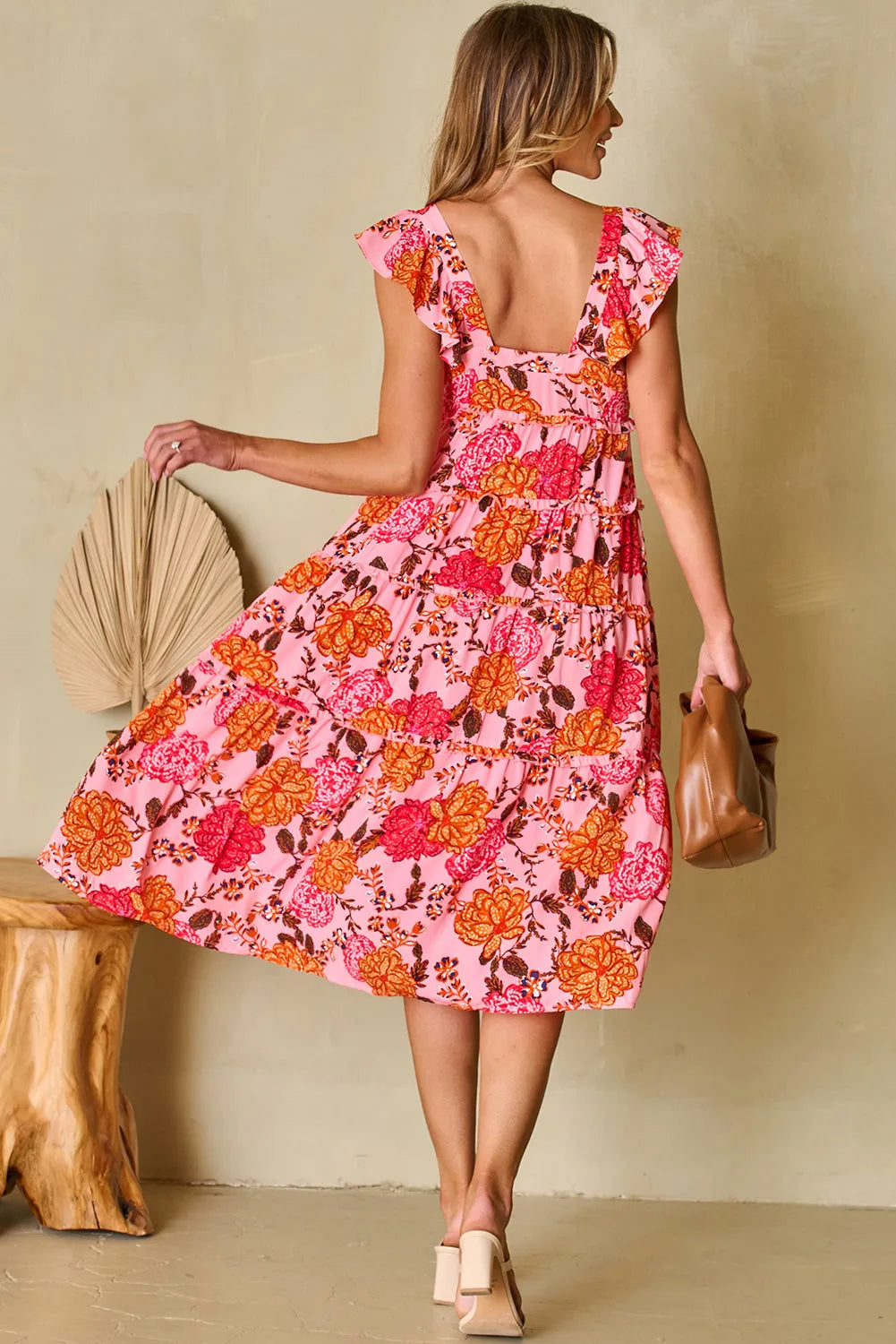 Pink Floral Square Neck Ruffled Flutter Sleeve Tiered Midi Dress - Chic Meadow Boutique 