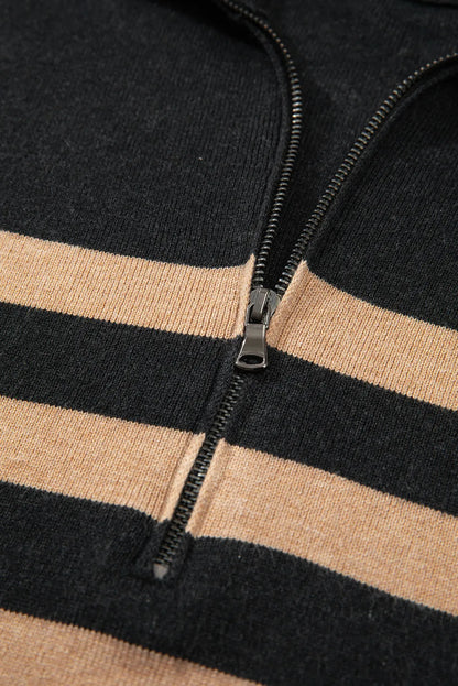 Black Stripe Collared Quarter Zipper Oversized Sweater - Chic Meadow Boutique 