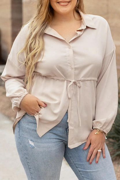 Plus Size/Plus Size Tops/Plus Size Blouses & Shirts Light French Beige Plus Size Puff Sleeve Tied Tunic Shirt