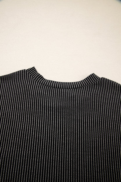 Carbon Grey Corded Knit Color Block Pocketed Crew Neck T Shirt