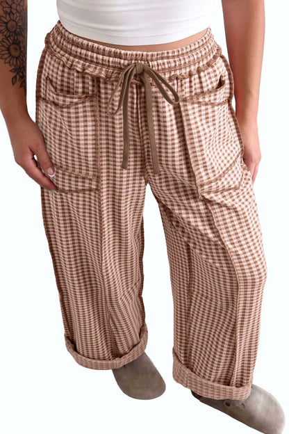 Brown Plaid Contrast Trim Drawstring Elastic Waist Shift Pants