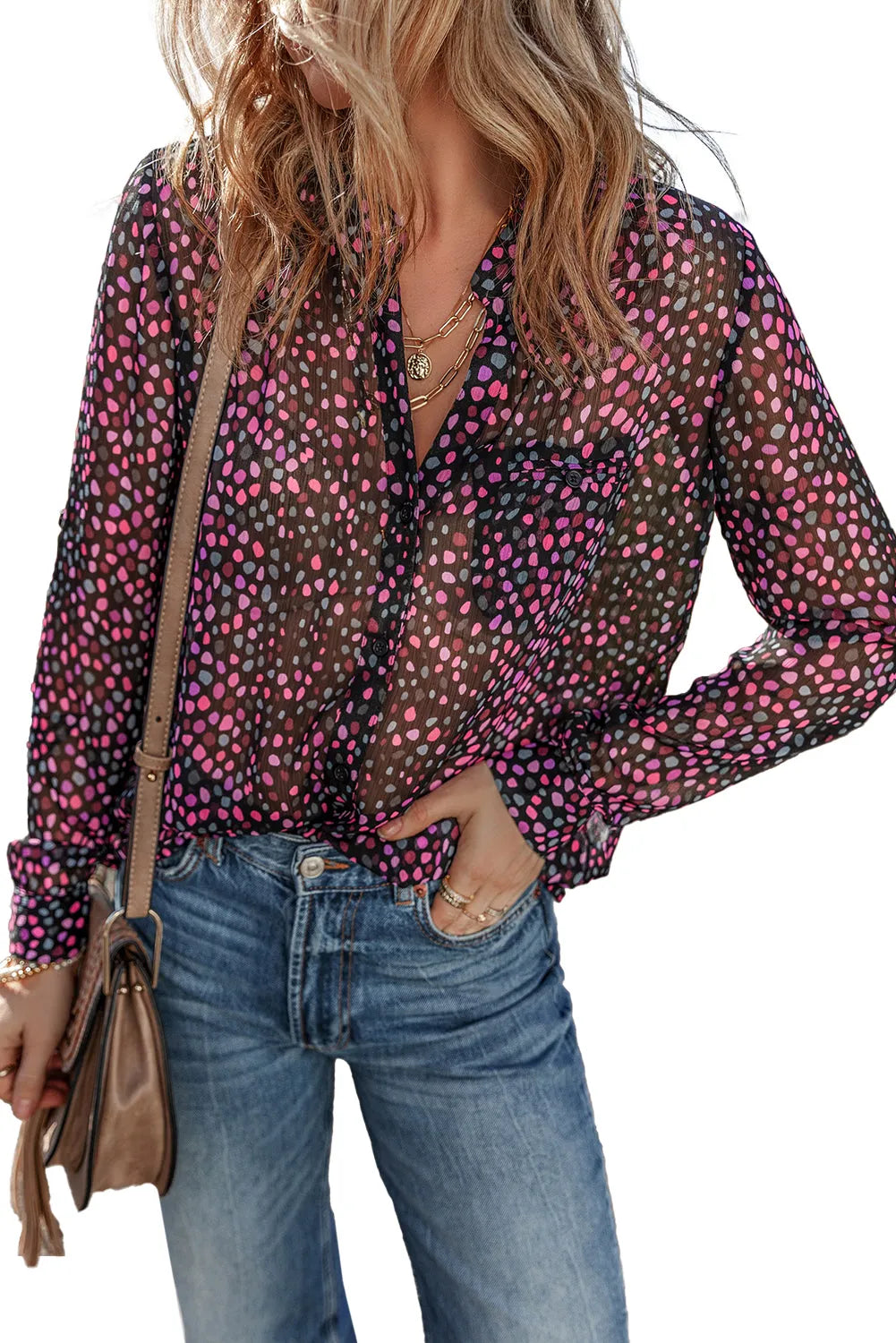 Tops/Blouses & Shirts Grape Wine Polka Dot Printed Buttoned Casual Shirt