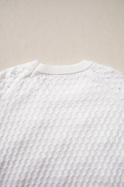 White Solid Textured Knit Pearl Embellished Pullover Sweater