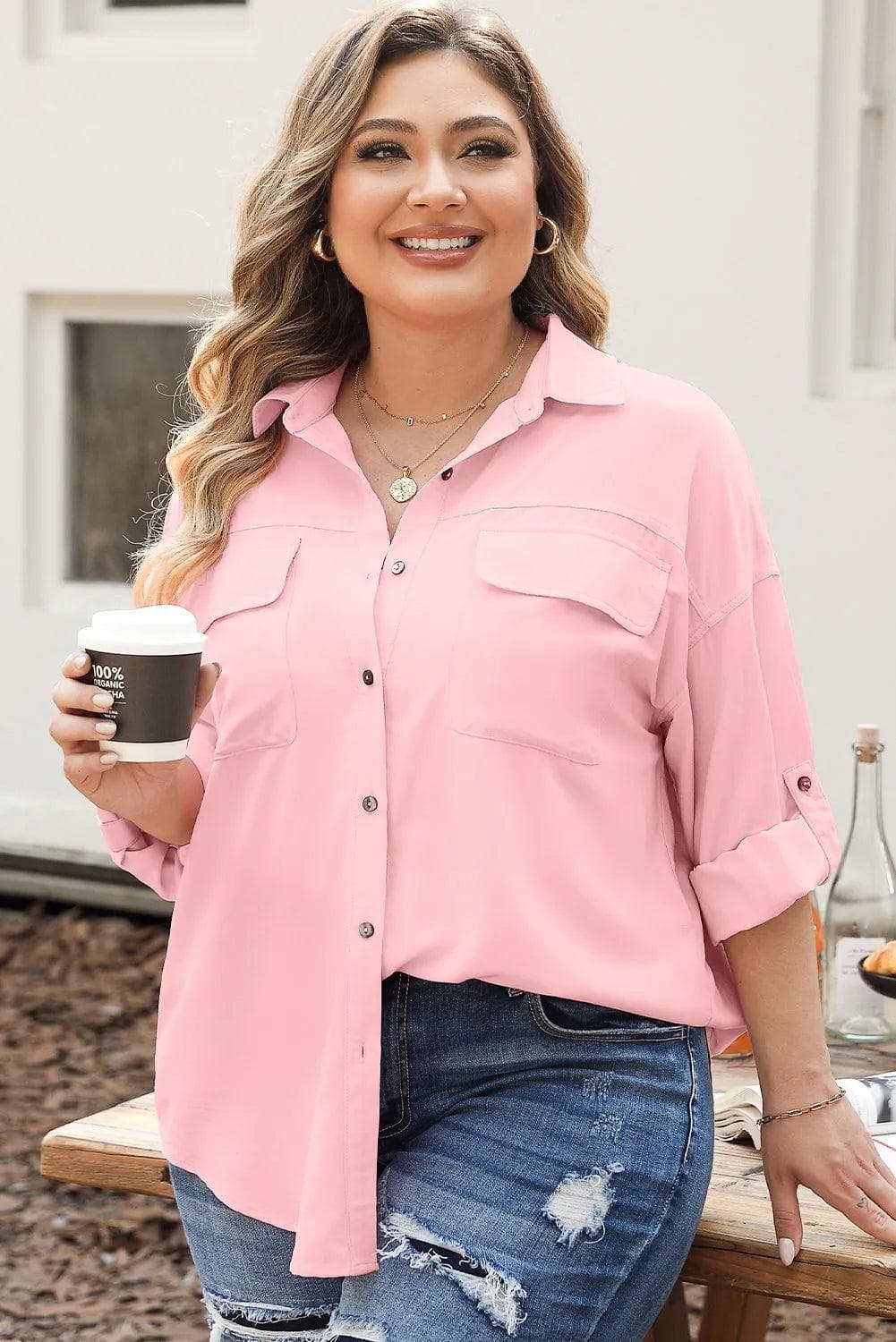 Plus Size/Plus Size Tops/Plus Size Blouses & Shirts Pink Flap Pocket Tab Sleeve Button-Down Plus Size Shirt