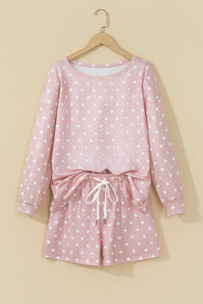 Pink Polka Dot Long Sleeve Top Drawstring Shorts Loose 2pcs Set