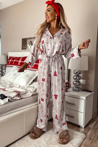 Light Grey Christmas Printed Shirt and Pants Pajama Set - Chic Meadow Boutique 