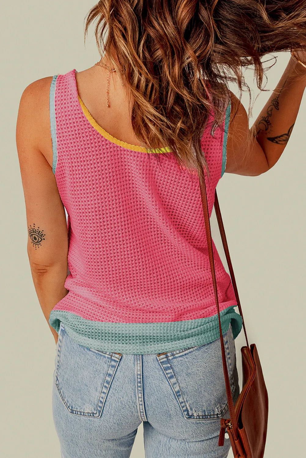 Strawberry Pink Color Block Patched Pocket Breathable Knit Tank Top - Chic Meadow Boutique 