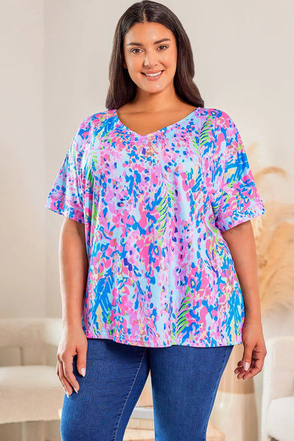 Sky Blue Plus Size Plant Print V Neck T-shirt - Chic Meadow Boutique 