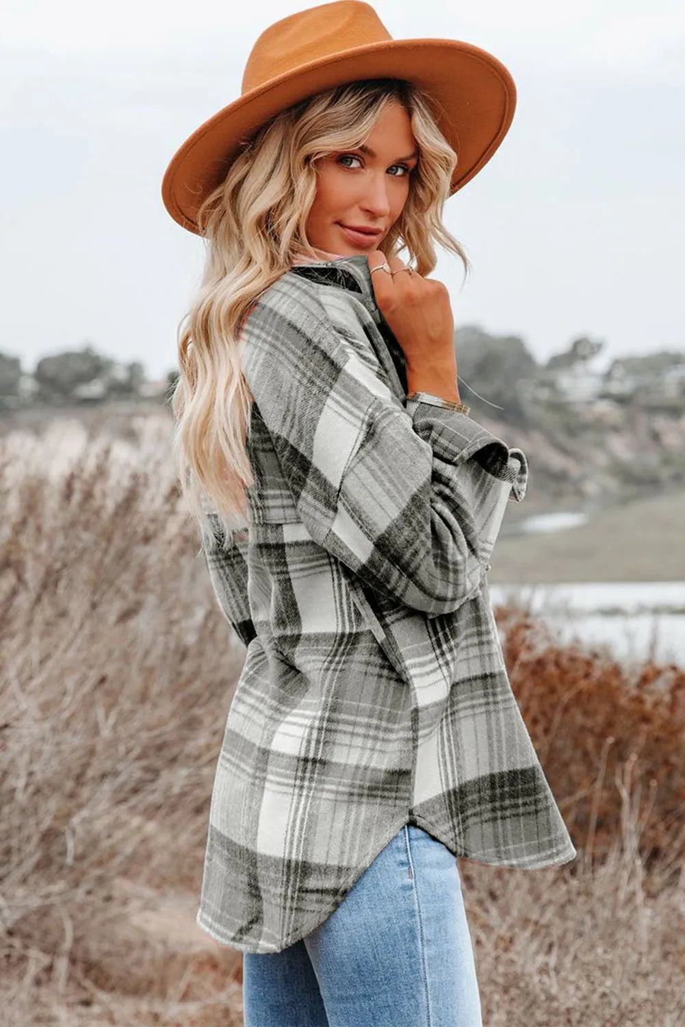 Medium Grey Plaid Flap Pockets Shacket - Chic Meadow Boutique 