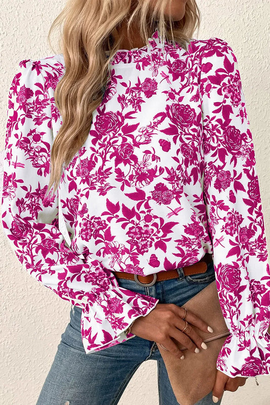 Rose Floral Print Flounce Sleeve Keyhole Back Blouse - Chic Meadow Boutique 