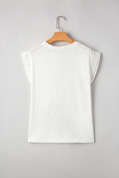 White Lace Patchwork Cap Sleeve Round Neck T Shirt