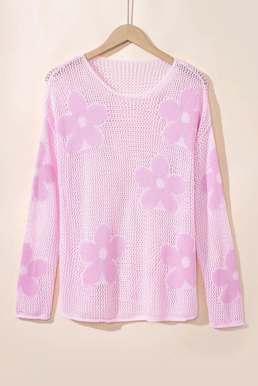 Tops/Sweaters & Cardigans Light Pink Big Flower Hollowed Knit Drop Shoulder Sweater