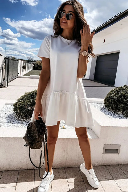 White Frilly Splicing Hem Short Sleeve Casual Dress - Chic Meadow Boutique 