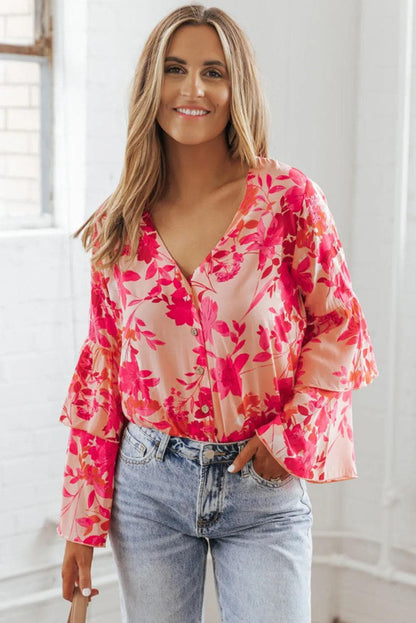 Tops/Bodysuits Pink Floral Print Tiered Bell Long Sleeve Buttoned Bodysuit