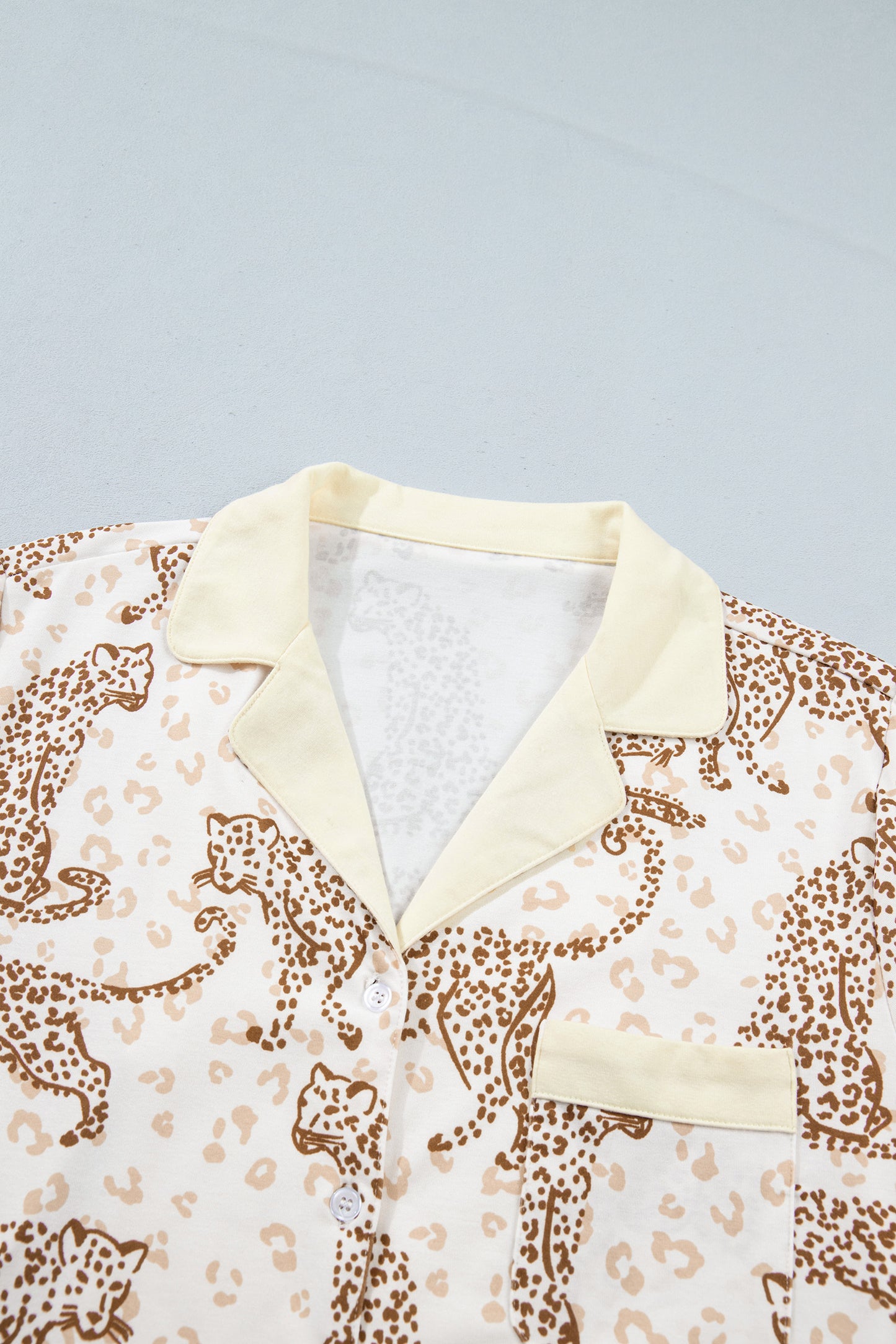 Yellow Leopard Print Colorblock Pocket Placket Long Sleeve Lounge Set