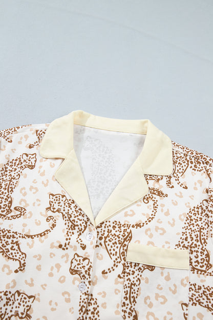 Yellow Leopard Print Colorblock Pocket Placket Long Sleeve Lounge Set