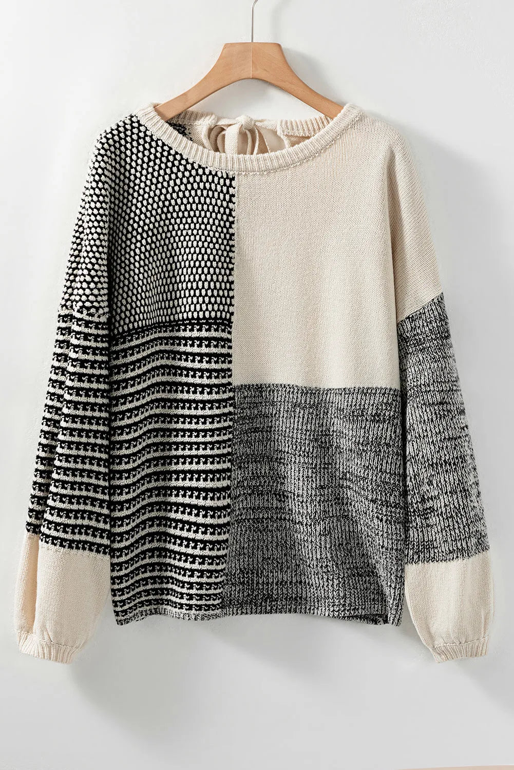 Black Neutral Colorblock Tie Back Sweater - Chic Meadow Boutique 