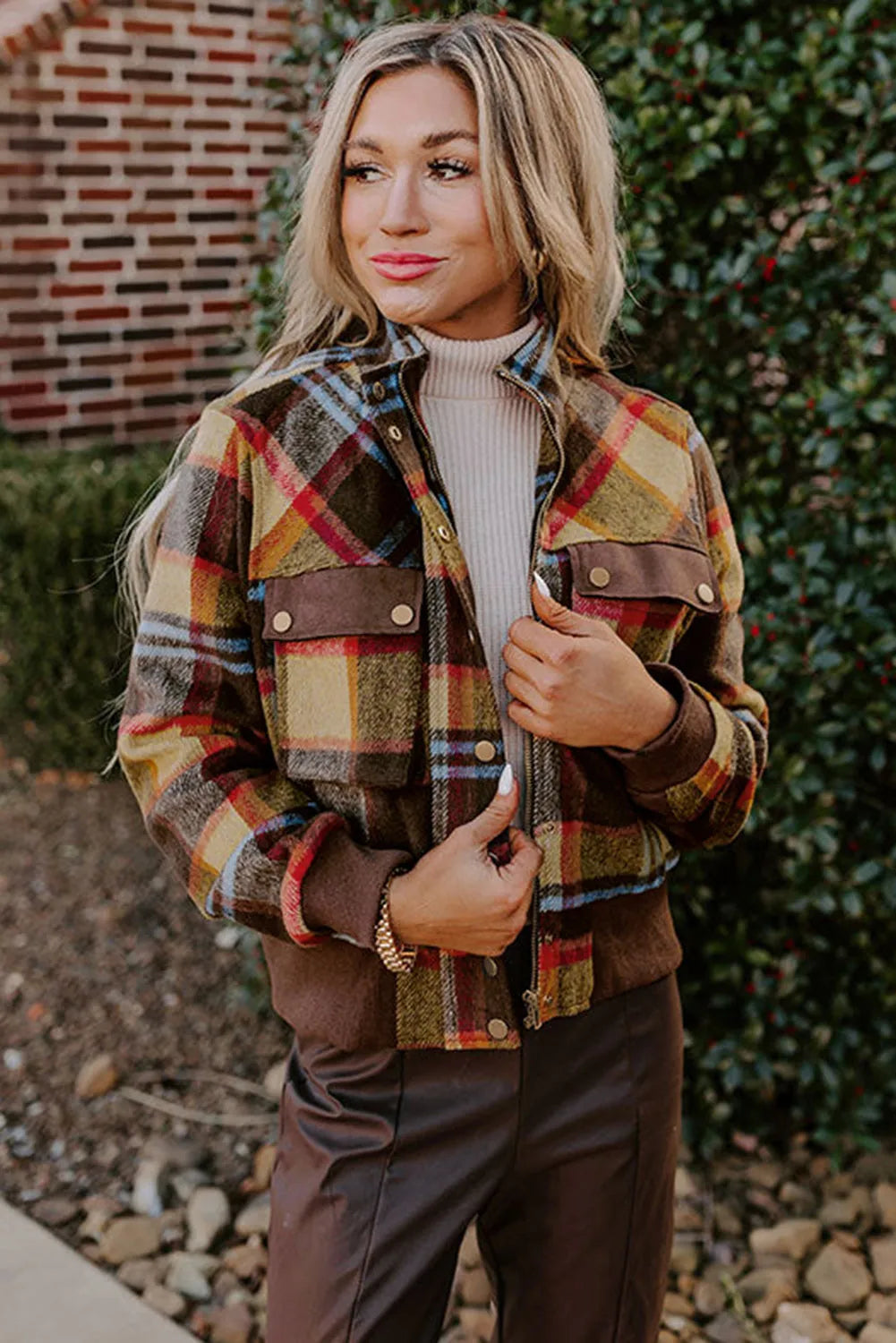 Brown Plaid Print Chest Pockets Button Zipper Stand Neck Jacket - Chic Meadow Boutique 