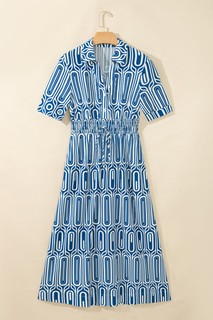 Blue Geometric Print Short Sleeve Drawstring Shirt Collar Dress