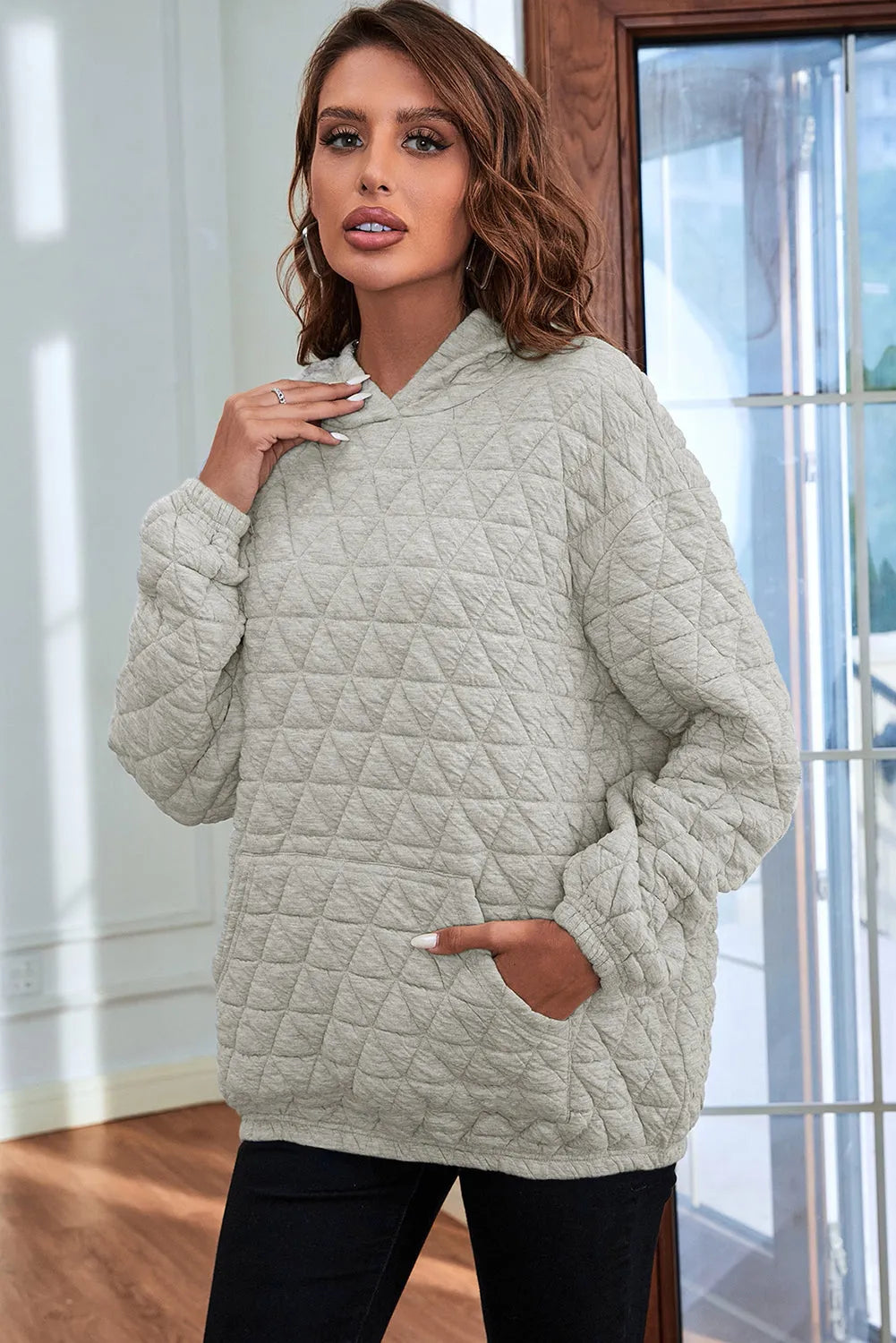 Light Grey Solid Color Quilted Kangaroo Pocket Hoodie - Chic Meadow Boutique 