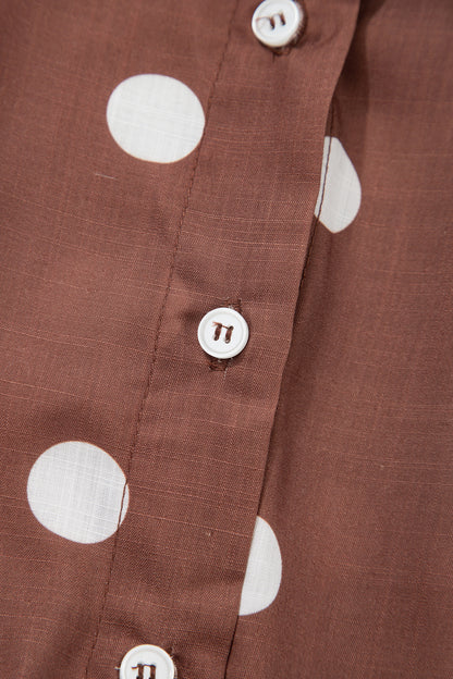Brown Polka Dot V Neck Abdomen Pocket Gathered Cuffs Long Sleeve Shift Plus Size Dress