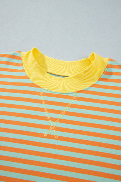 Orange Stripe High Neck Striped Colorblock Tunic Plus Size Sweatshirt