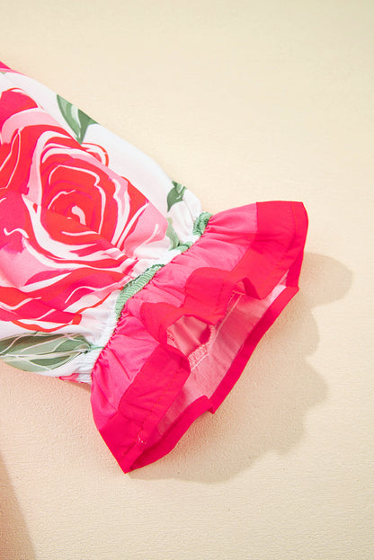Rose Floral Frilled V Neck Short Sleeve Blouse Top