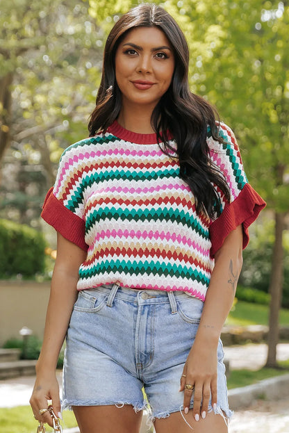 Fiery Red Trimmed Ruffle Sleeve Colorful Textured Sweater - Chic Meadow Boutique 