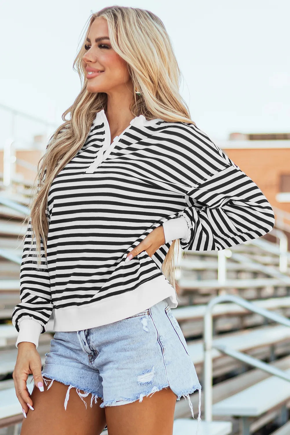 White Stripe Color Block Buttoned Crew Neck Oversized Sweatshirt - Chic Meadow Boutique 