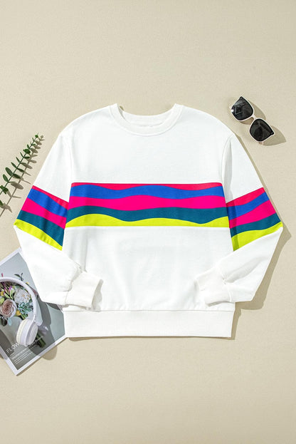 Tops/Long Sleeve Tops White Colorful Striped Accent Long Sleeve T Shirt