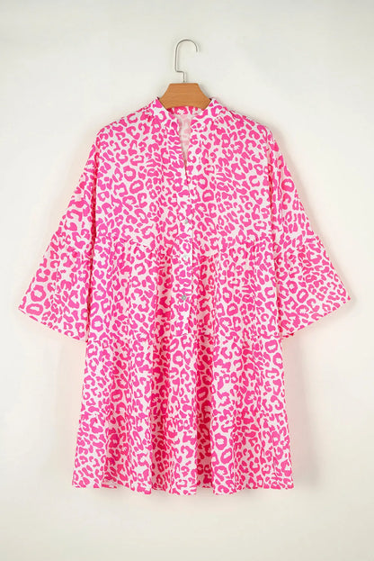 Bright Pink Leopard Printed Long Sleeve Buttoned Front Mini Dress - Chic Meadow Boutique 