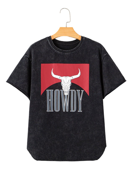 Black Western HOWDY Steer Head Print Side Slits Loose Fit T Shirt
