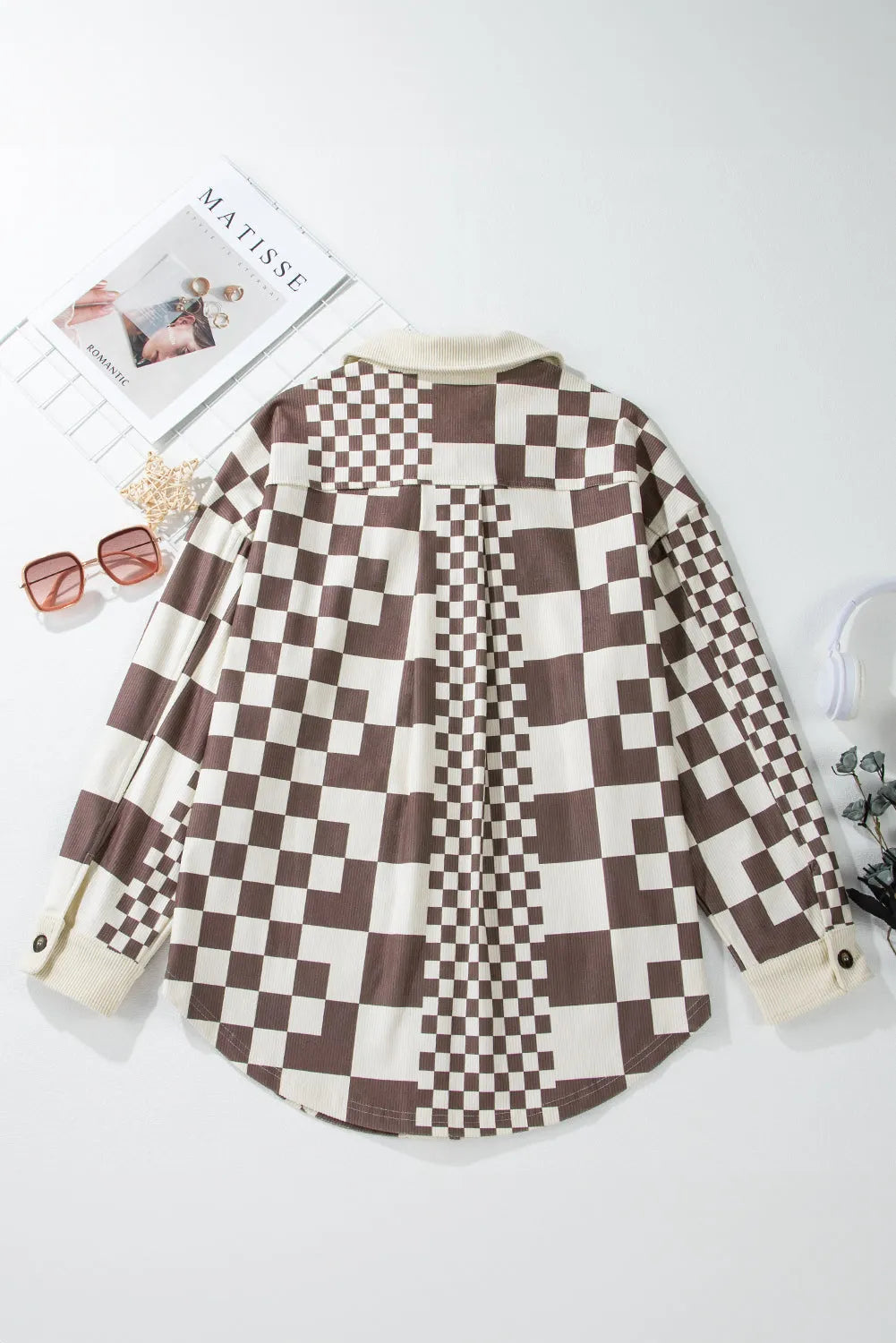 Brown Checkered Print Patchwork Corduroy Shacket - Chic Meadow Boutique 