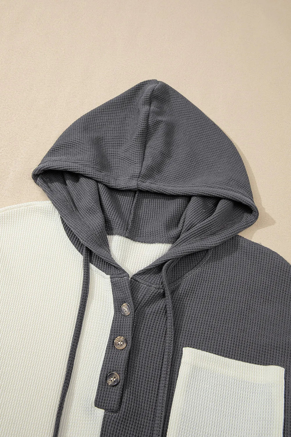 Dark Grey Waffle Colorblock Buttons Placket Drop Shoulder Drawstring Hoodie - Chic Meadow Boutique 