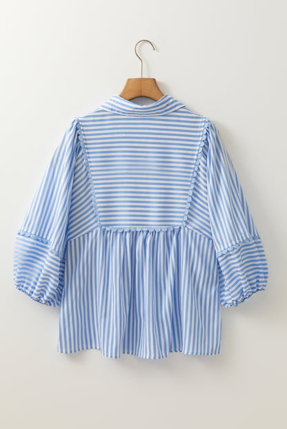 Sky Blue Stripe Shirt Collar V Neck Ricrac Trim 3/4 Puff Sleeve Blouse