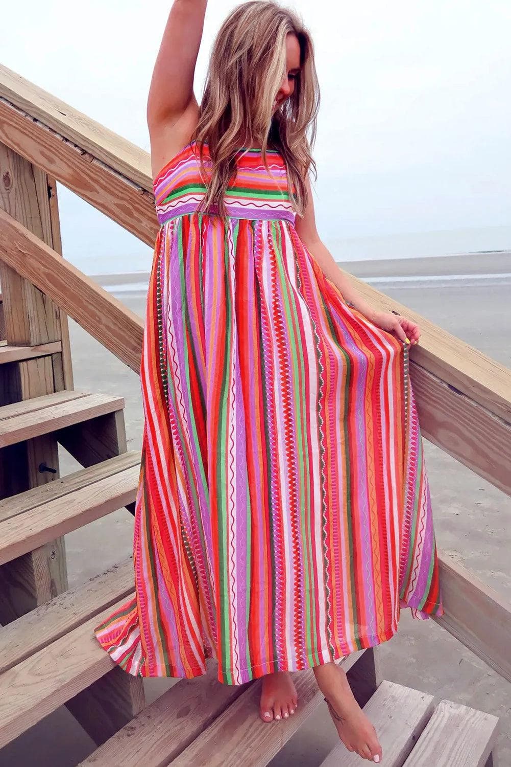 Dresses/Maxi Dresses Multicolour Striped Thin Straps Smocked Back Boho Maxi Dress