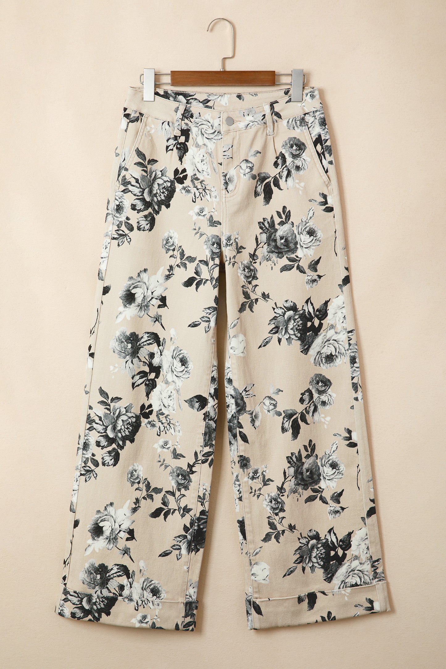 Beige Retro Floral Print Turn-up Cuffed Hem Loose Jeans